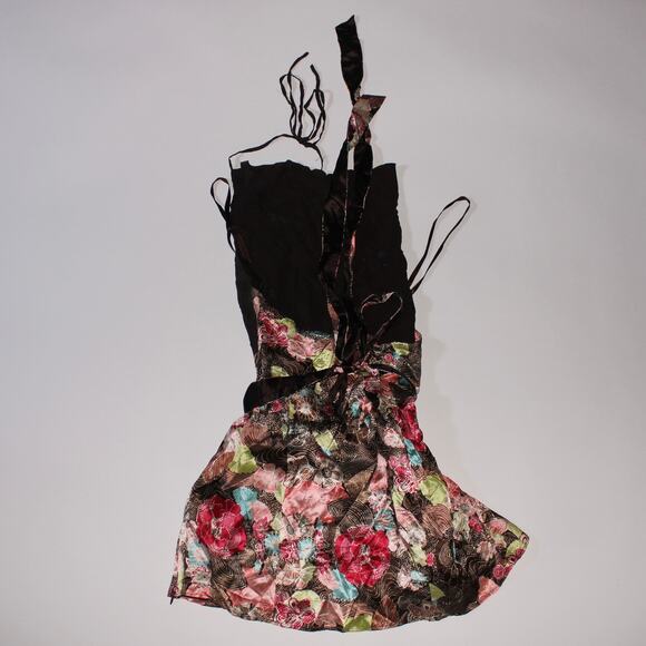 Vintage Y2K Coast Brown 100% Silk Multicolored Floral Halterneck Back Tie Top - Picture 3 of 7